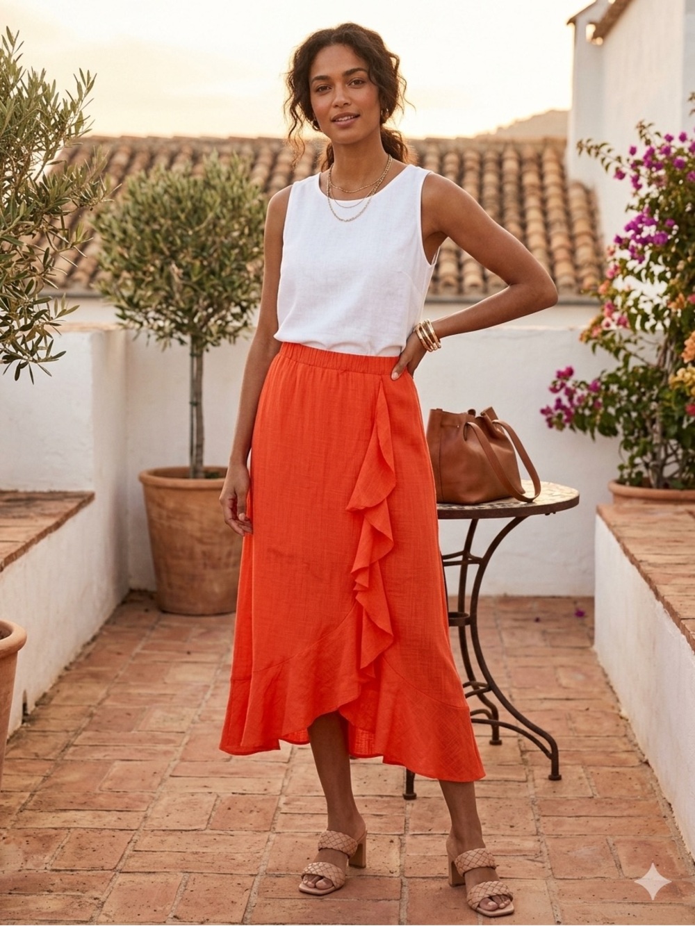 BCX Orange Asymmetrical Ruffled High-Low Midi Skirt